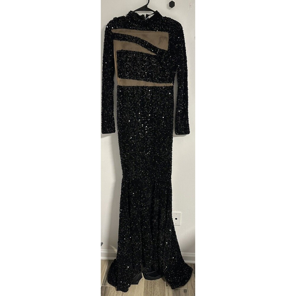 Faeriesty Formal Sequin Dress Small Black Nude Long Sleeve Train New Ball Gown